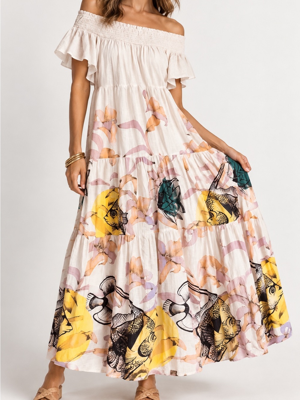 Pia Binazzi x Maeve Anthropologie Fish Print Tiered Maxi Dress